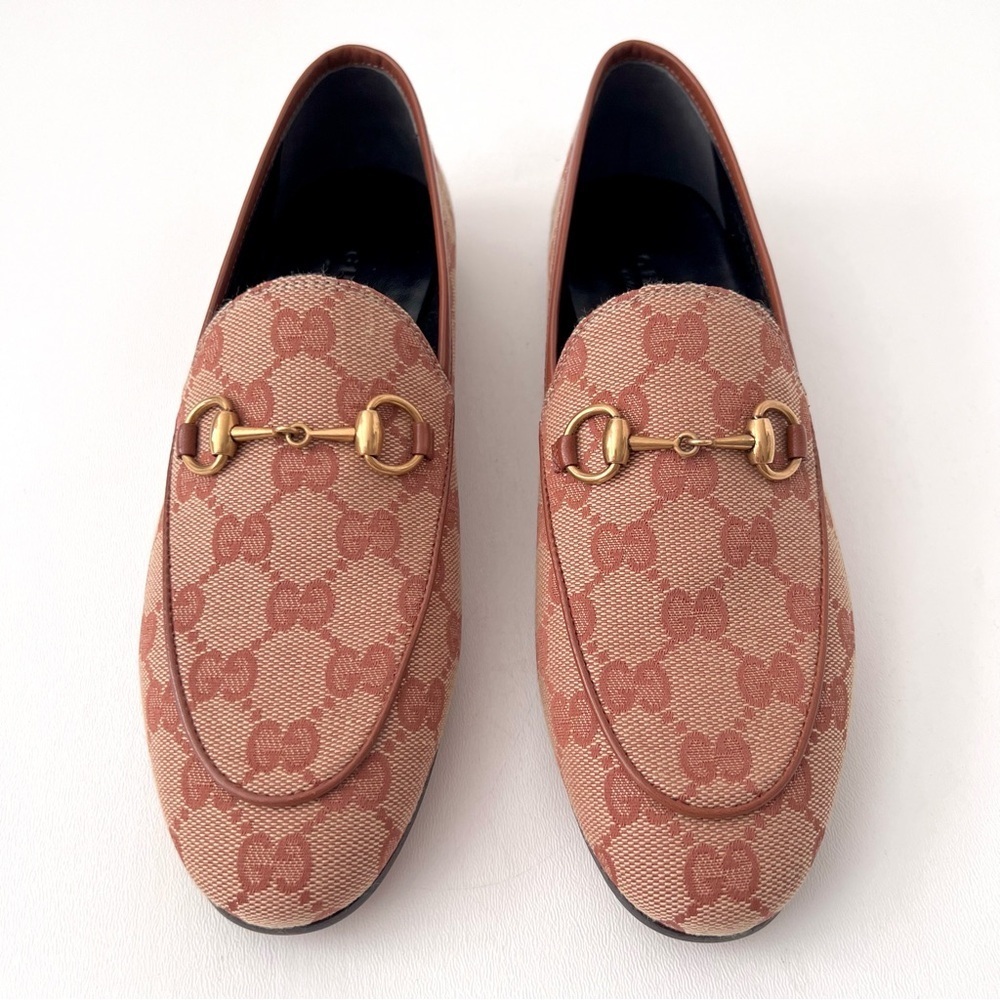 GUCCI || Jordaan Horsebit GG Monogram Canvas Loafer Flat Beige Rust Brown New 6 - Picture 2 of 13
